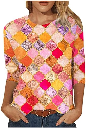אופנה לנשים נלהבות 3/4 צמרות טוניקה עגול צוואר עגול חולצה מודפסת צבעונית חולצה רופפת 2023 בגדי קיץ באביב
