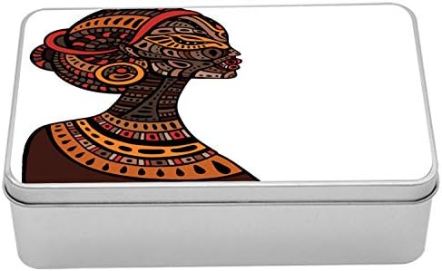 קופסת מתכת אפריקאית של אמבסון, אשת יופי אקזוטית עם איור טוטם מסורתי, מיכל תיבת פח מלבנית רב-תכליתית עם מכסה, 7.2 x 4.7 x 2.2 , חום וקינמון