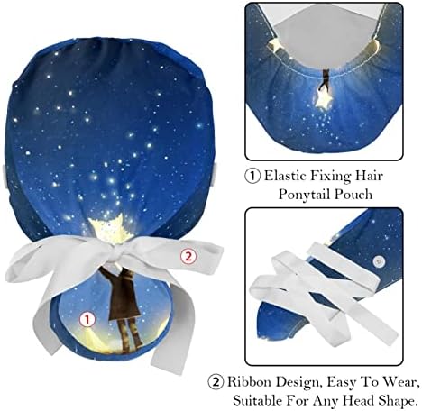 כובעים רפואיים לנשים עם כפתורים שיער ארוך, כובע עבודה מתכוונן 2 חלקים, כחול שמיים כוכבים