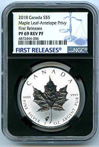 2018 מטבע קנדה קנדי ​​קנדי ​​מייפל עלה הוכחת הפוך אנטילופה פרטי ראשונה משחרר 5 $ PF69 NGC