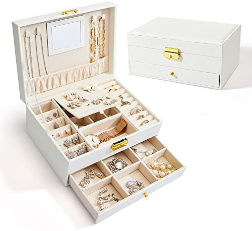 Buti4wld 2 שכבות מארגן קופסאות תכשיטים לנשים עם מראה, אחסון תכשיטים עם מנעול, שפע של שטח אחסון, מתנות לנשים