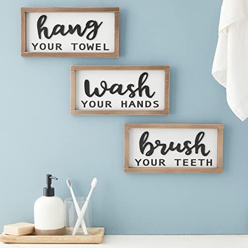 עיצוב קיר שלט אמבטיה 3 חלקים, שטוף את הידיים, צחצח שיניים, תלה את המגבת שלך, שלט תלייה כפרי 12 x 6 אינץ ')