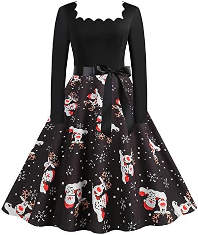 ארוך שרוול בציר קוקטייל שמלה לנשים גל צוואר חמוד גרפי קו מסיבת שמלת סתיו מידי 1950 שמלות