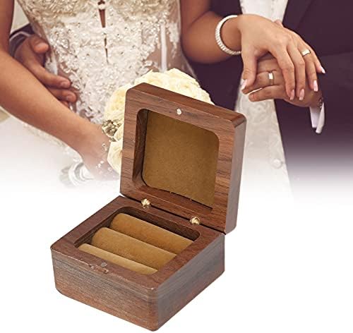 תיבת עץ טבעת כפולה גבול לטקס חתונה, אגוז עץ כיכר קופסא תכשיטי טבעת אירוסין לזוגות מתוקה, מקרה טבעת נישואים מושלם מתנה