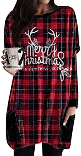 Bofeta לנשים חג מולד שמח צוואר צווארון ארוך חולצה סווטשירטים מצחיק חג המולד מצחיק כיסי שרוול ארוך סוודר